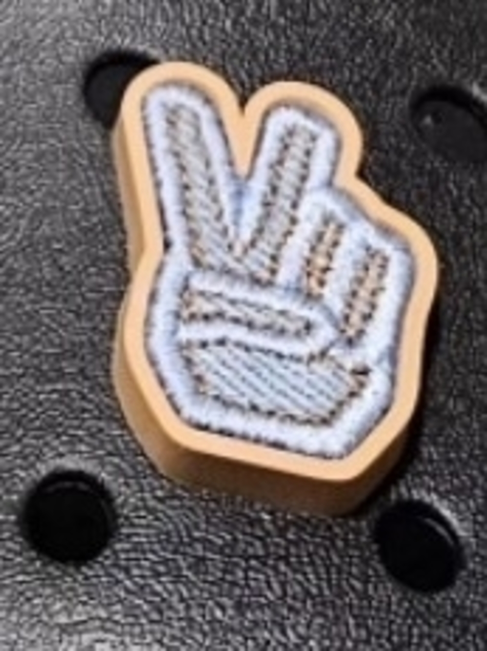 Two Retired Denim Peace Signs Embroidered Crocs Jibbitz - Light Blue & Tan